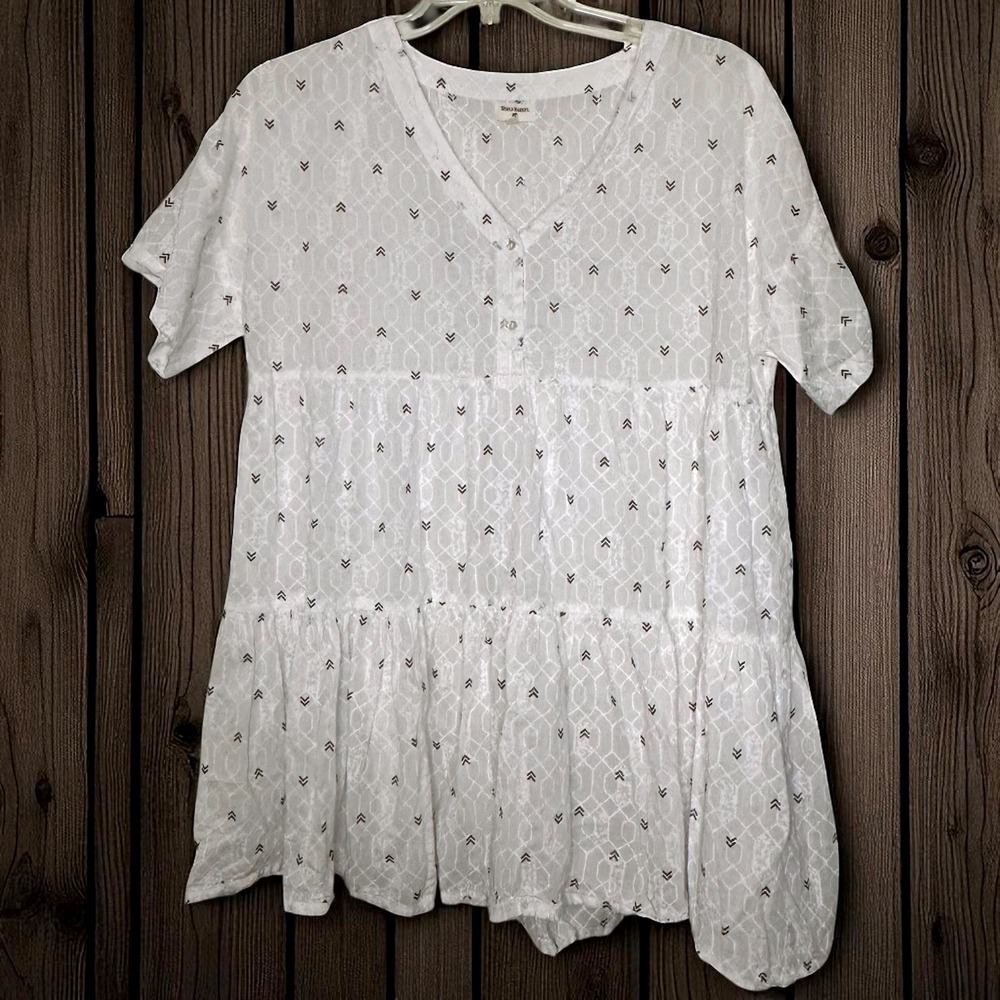 World Market Mini Dress Tiered Button‎ Front Cream S/M Patterned Casual